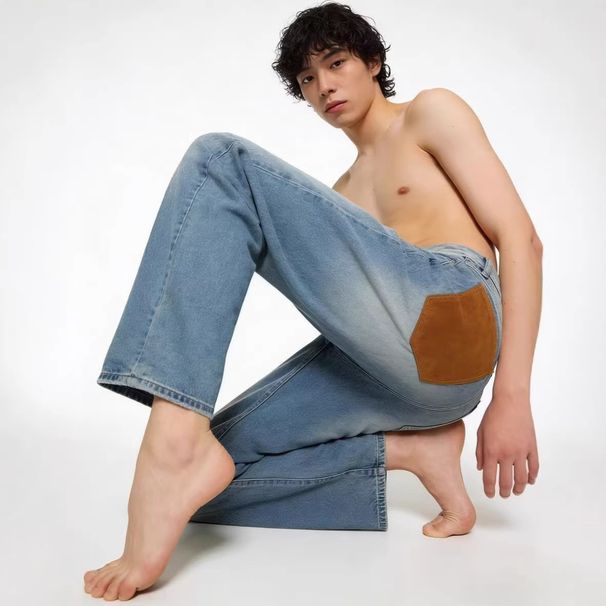 Men's Clothing Light Blue Patchwork Denim Jeans, Casual High Street Style, Cool And Comfortable Men's Casual Pants._mkmklike.com