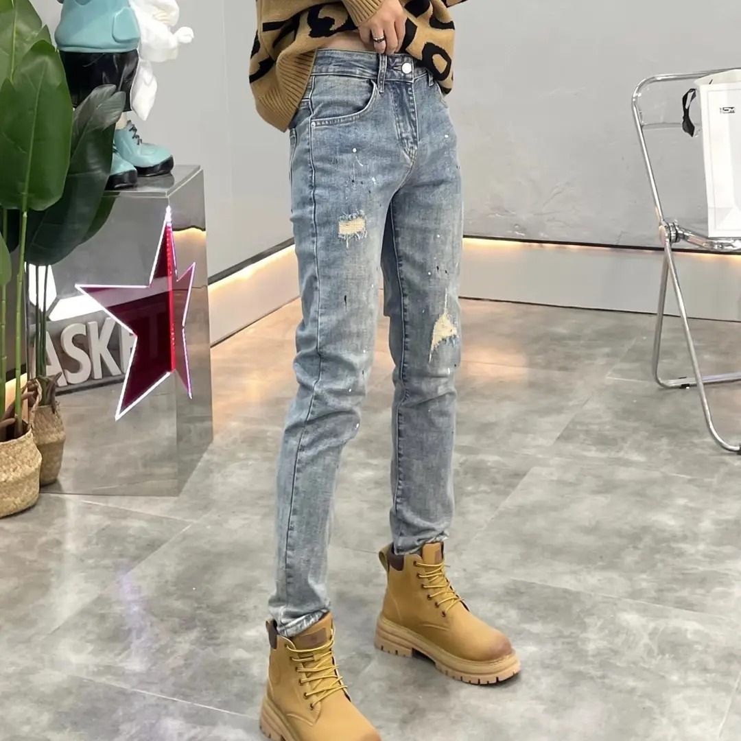 Men's Distressed Jeans With Paint Splatter Design - Slim Fit Stretch Denim Pants For Summer, Trendy Casual Nine-Pants For Youth_mkmklike.com