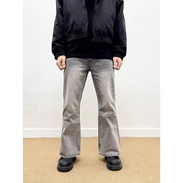 Men's Gray Pleated Flared Jeans Cleanfit Loose Casual Straight Leg Retro Style Pants_mkmklike.com