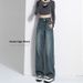 Cement Gray Narrow Wide-leg Jeans Women, Spring/summer, Plus Size, High-waisted, Loose, Slimming, Floor-length Straight_mkmklike.com