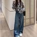 Chicco 2025 Autumn New Korean Style Versatile Heart Long Sleeve Knitted Sweater Slimming Wide Leg Jeans Two-Piece Set For Women_mkmklike.com