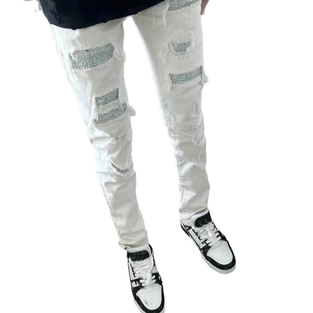 2025 European And Trend Spring New American High Street Ripped Jeans For Men With Rhinestones Slim Straight Pants_mkmklike.com