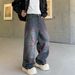 Electric Purple-Gray Washed Denim Jeans - Straight Leg Graffiti-Inspired Pants With Distressed Details For Men_mkmklike.com