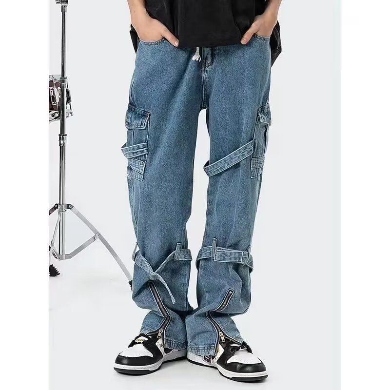 Suitable For All Seasons American Style Lace-up Jeans For Men, Niche Design, High Street Vibe, Loose Straight-leg Pants_mkmklike.com