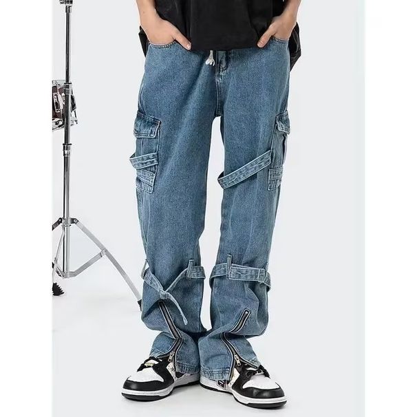 Suitable For All Seasons American Style Lace-up Jeans For Men, Niche Design, High Street Vibe, Loose Straight-leg Pants_mkmklike.com
