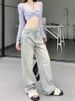 American-style Washed Denim Jeans For Women, Yellow Mud-dyed Straight-leg Pants, Trendy High Street Distressed Casual_mkmklike.com