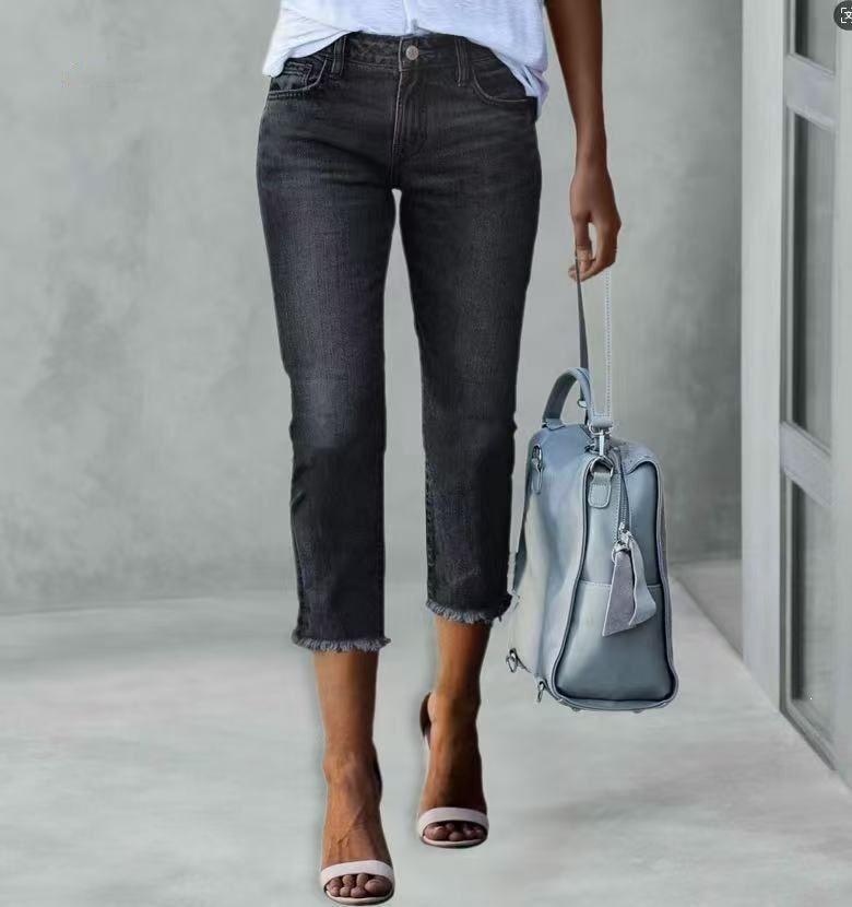 Women's High-Waisted Cropped Skinny Jeans Slim Fit Fashionable Trousers_mkmklike.com