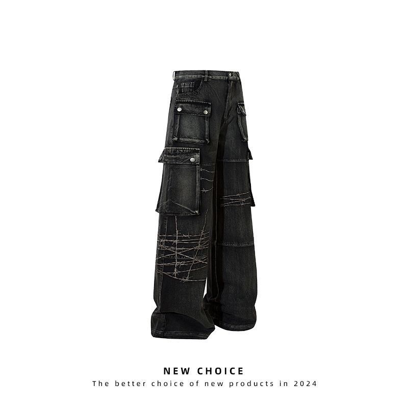 Men's Clothing Jeans men's high street retro heavy embroidery multi pocket workwear men's winter hip hop brand loose straight_mkmklike.com