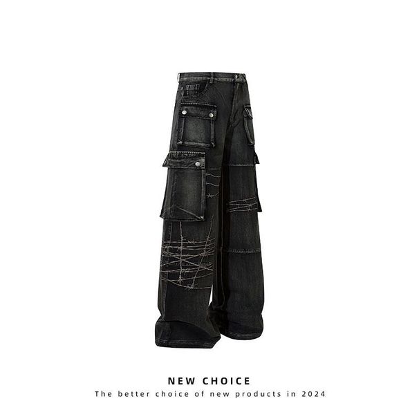 Men's Clothing Jeans men's high street retro heavy embroidery multi pocket workwear men's winter hip hop brand loose straight_mkmklike.com