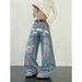 Men's Clothing Unisex Vintage Graffiti Print Jeans - Relaxed Wide Leg Bohemian Trousers For Spring & Summer_mkmklike.com