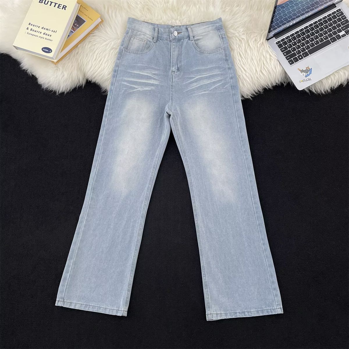 Retro Washed Blue Denim Jeans For Men – Relaxed Straight-Leg Wide Fit (S-3XL, Mid-Rise, Cotton Blend, Vintage Wash)_mkmklike.com