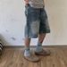 Men's Distressed Denim Shorts Front And Back Patchwork Retro Style Wide Leg Loose Casual Straight Leg Five Point Pants_mkmklike.com