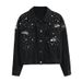 Women's Embroidered Denim Jacket – Heavyweight Vintage Dragonfly Beaded Loose Fit Long Sleeve Coat (Black & Denim Blue, M-XL)_mkmklike.com