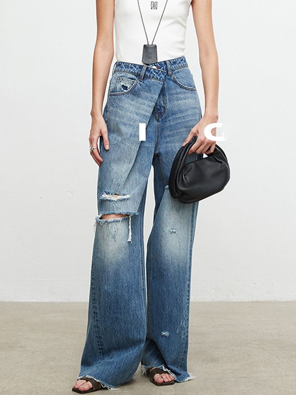 Women's Clothing Minimalist, Cool And Fashionable Style, Turkish Imported Ripped Irregular Folded Placket, Lazy Jeans For Women_mkmklike.com