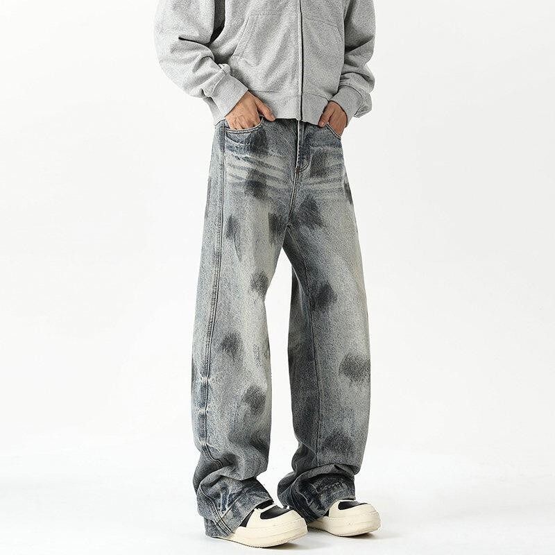 Men's Wide Leg Jeans Loose Straight Fit Denim Pants High End Niche Style Ink Splatter Spring Autumn Cross Border Fashion_mkmklike.com