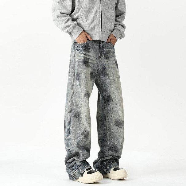 Men's Wide Leg Jeans Loose Straight Fit Denim Pants High End Niche Style Ink Splatter Spring Autumn Cross Border Fashion_mkmklike.com