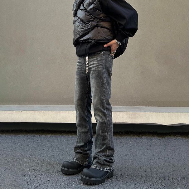 Men's Versatile Washed Black Jeans Straight Leg Slim Fit Stretchy Slightly Flared Mid Waist American High Street Style Casual_mkmklike.com
