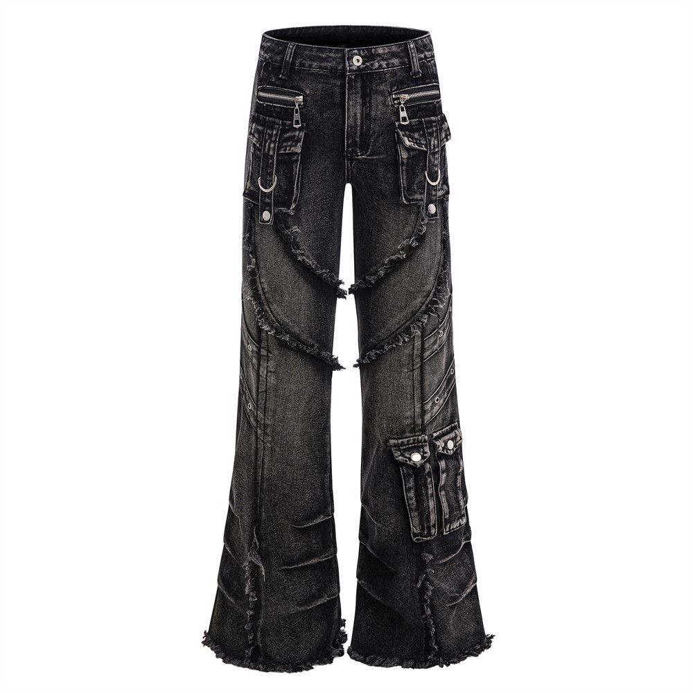 Vibe Trendy Lace-Up Flared Cargo Jeans For Men Heavy-Duty Distressed Frayed Edge Deconstructed Patchwork Niche_mkmklike.com