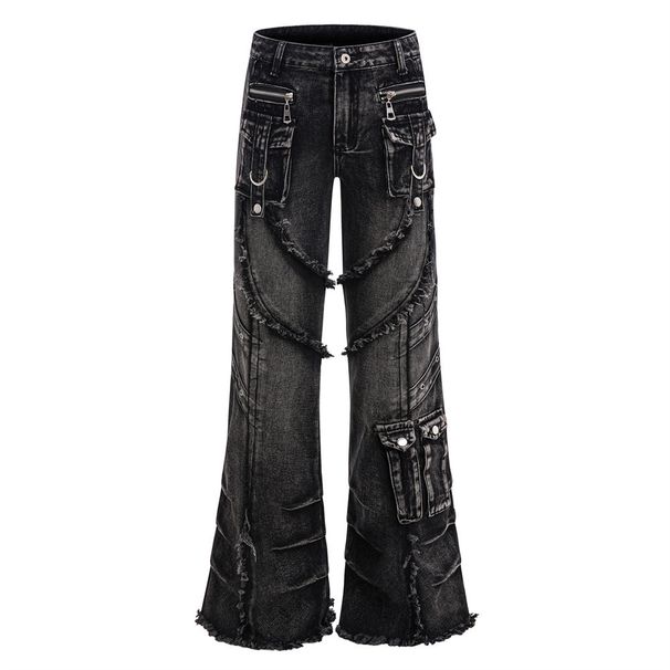 Vibe Trendy Lace-Up Flared Cargo Jeans For Men Heavy-Duty Distressed Frayed Edge Deconstructed Patchwork Niche_mkmklike.com