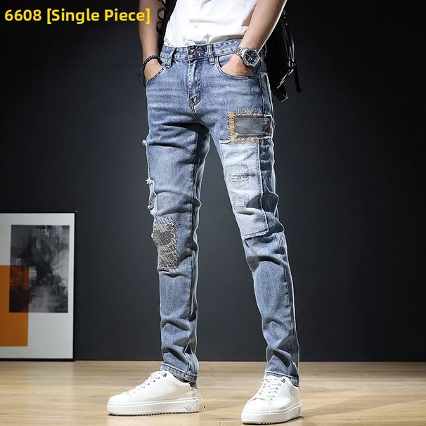 Men's Distressed Slim-Fit Jeans – Premium Washed Denim With Artistic Patchwork & Ripped Details (Sizes 27-36, 5 Colors)_mkmklike.com