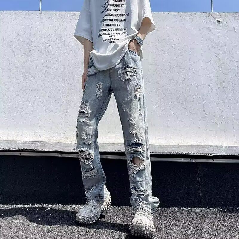 Men's Clothing Unisex High Waisted Wide Leg Ripped Jeans Straight Leg Distressed Pants Loose Fitting American High Street Trendy Clothing_mkmklike.com