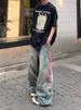 American Retro Striped Color Matching Splicing Old Jeans Men's And Women's Trendy Brand Straight Loose Workwear Wide Back Trousers_mkmklike.com
