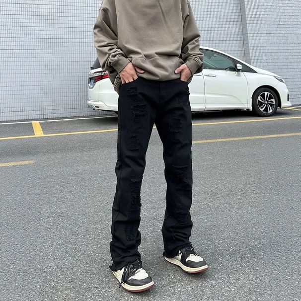 American Vintage Frayed Distressed Jeans For Men, Trendy High Street Brand Vibe, Straight Leg With Slight Flare, White Trousers._mkmklike.com