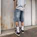 Washed Distressed Patchwork Denim Shorts Loose Fit Straight Leg Low Waist Blue Summer Fashion_mkmklike.com