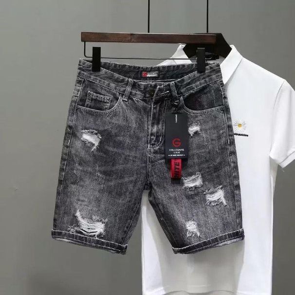 Men's Korean Style Slim Stretch Ripped Denim Shorts Summer Thin Gray Trendy Japanese Retro Pants_mkmklike.com