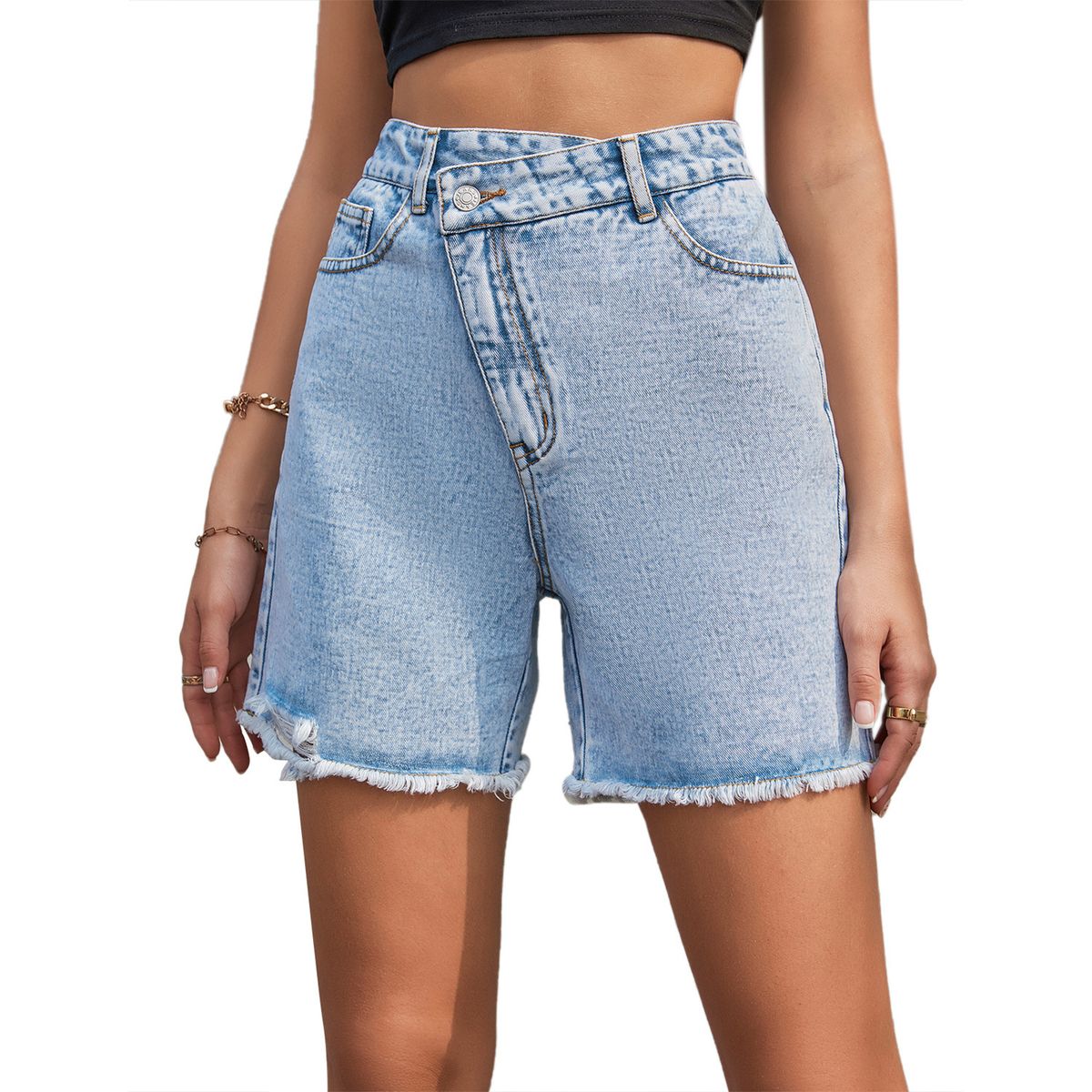 Women's Clothing Casual Denim Shorts Simple High Waist Loose Shorts_mkmklike.com