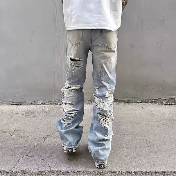 Men's Clothing American Light Blue Reverse Hole Jeans Men And Women Summer Hiphop Beggar Pants European And American Street Straight Pants_mkmklike.com