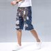 Men's Distressed Denim Shorts Casual Straight-Leg Mid-Length with Random Paint Print for Summer_mkmklike.com