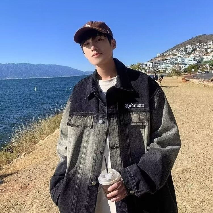 Collar Gradient Retro Color Denim Jacket For Men's Casual Workwear Jacket_mkmklike.com