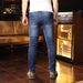 Men's Slim Fit Skinny Jeans Elastic Pleated Patchwork Ripped with Appliques Cross Border New AM_mkmklike.com