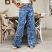 Women's Casual Loose Fit Washed Denim Wide Leg Pants With Print - Comfortable Cotton Blend High Waist Trousers For Everyday Wear (Blue, XS/S/M/L/XL)_mkmklike.com