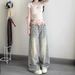 Petite American Retro Floral High-waisted Wide-leg Jeans For Women, Loose And Slimming Straight Pants With A Drapey Fit_mkmklike.com