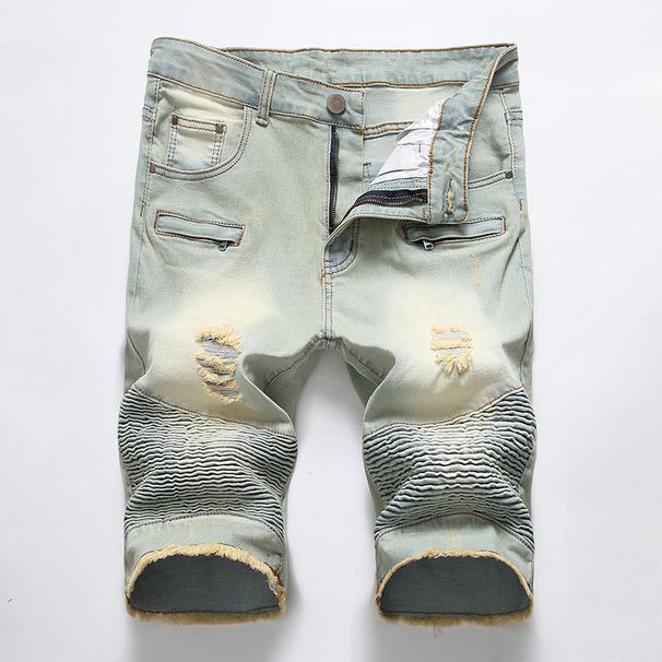 2018 New Trend Locomotive Pleated Ripped Denim Shorts Men's Pocket Zipper Straight Five-point Pants Medium Pants_mkmklike.com