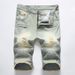 2018 New Trend Locomotive Pleated Ripped Denim Shorts Men's Pocket Zipper Straight Five-point Pants Medium Pants_mkmklike.com