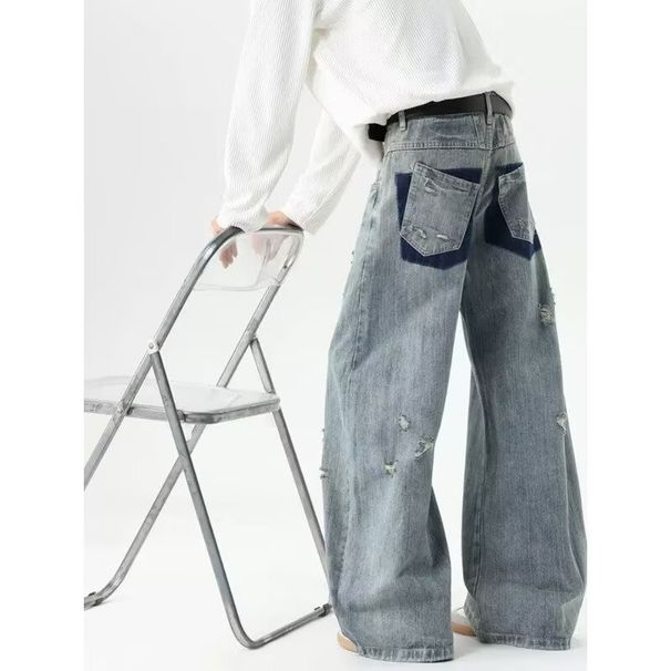 Men's American Style Washed Bamboo Pattern Curved Jeans Loose Fitting Retro Trendy Straight Leg Wide Leg Floor Length Trousers_mkmklike.com