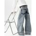 Men's American Style Washed Bamboo Pattern Curved Jeans Loose Fitting Retro Trendy Straight Leg Wide Leg Floor Length Trousers_mkmklike.com