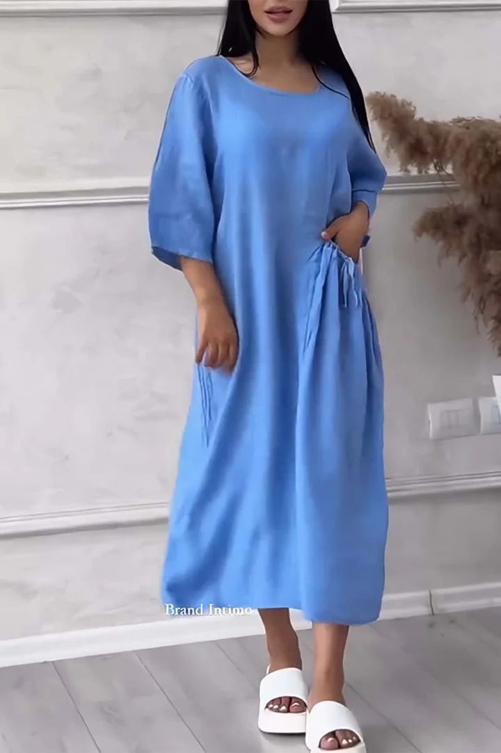 Women's New Cotton and Linen Pure Color Casual Round Neck Button Long Dress _mkmklike.com