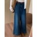 Women's Dark Blue High Waisted Flared Cropped Jeans Hong Kong Style Loose Fit Slimming Wide Leg Pants Autumn Petite_mkmklike.com