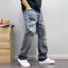 Unisex Distressed Patchwork Denim Jeans Relaxed Straight Leg Vintage Washed High Street Fashion_mkmklike.com