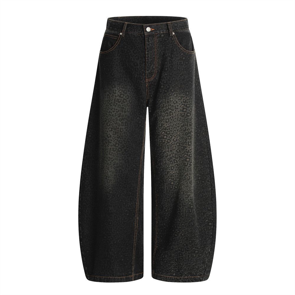 American Style Leopard Print Scimitar Jeans Men's High Street Vibe Trendy Washed Vintage Loose Fit Wide Leg Pants_mkmklike.com