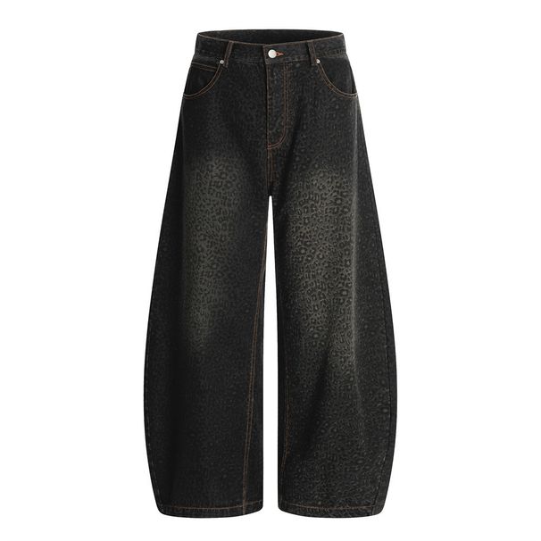American Style Leopard Print Scimitar Jeans Men's High Street Vibe Trendy Washed Vintage Loose Fit Wide Leg Pants_mkmklike.com