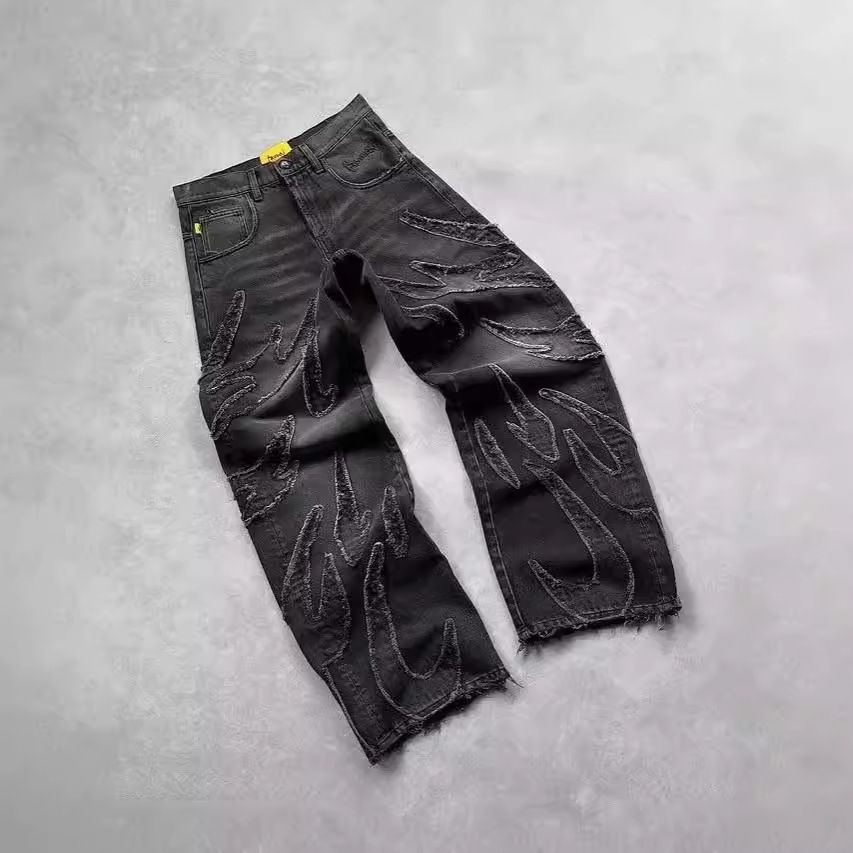 Men's Clothing American Retro Y2k High Street Fashion Raw Edge Embroidery Flame Stitching Wide Leg Jeans For Men And Women High Quality_mkmklike.com