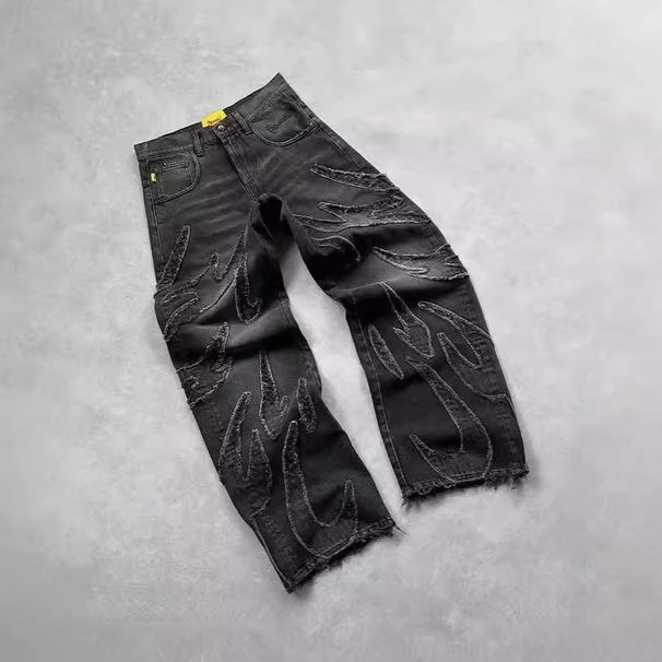 Men's Clothing American Retro Y2k High Street Fashion Raw Edge Embroidery Flame Stitching Wide Leg Jeans For Men And Women High Quality_mkmklike.com