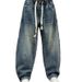 "Streetwear Straight-Leg Jeans For Tall Men – Distressed Denim, Rope Drawstring Waist, Baggy Cargo Pants With Hand-Painted Details_mkmklike.com