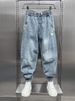 Harlan Tied Jeans Men's Loose American High Street Pants Trendy Versatile Ruffian Handsome Splicing Nine-point Casual Men's Pants_mkmklike.com
