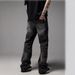 Men's Clothing Lightning Flower Three Dimensional Wrinkled Heavy Wash Loose Bootcut Jeans_mkmklike.com